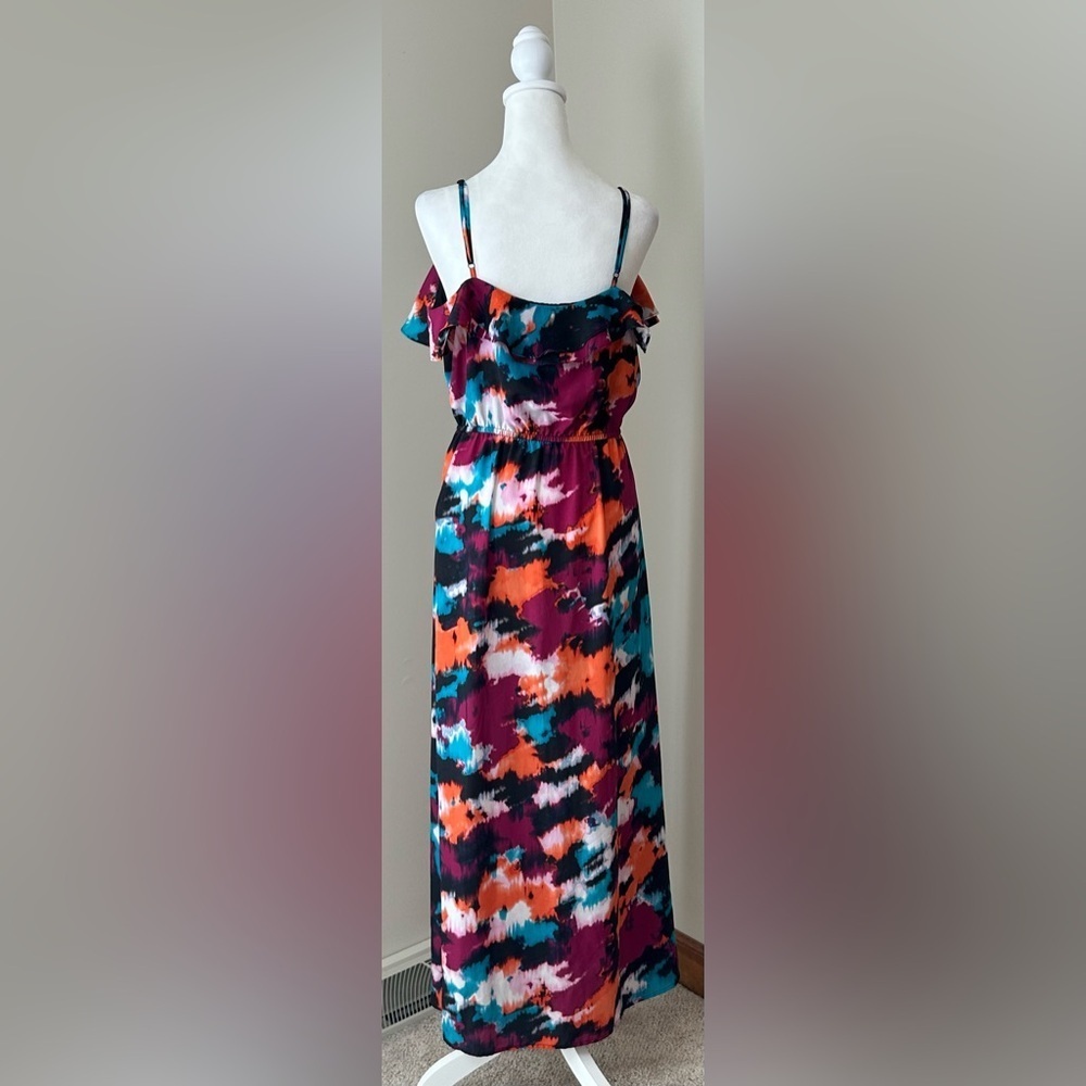 LOFT Vibrant Colorful Tie Dye Sleeveless Ruffled Maxi Dress Size 14 Petite - Picture 3 of 7